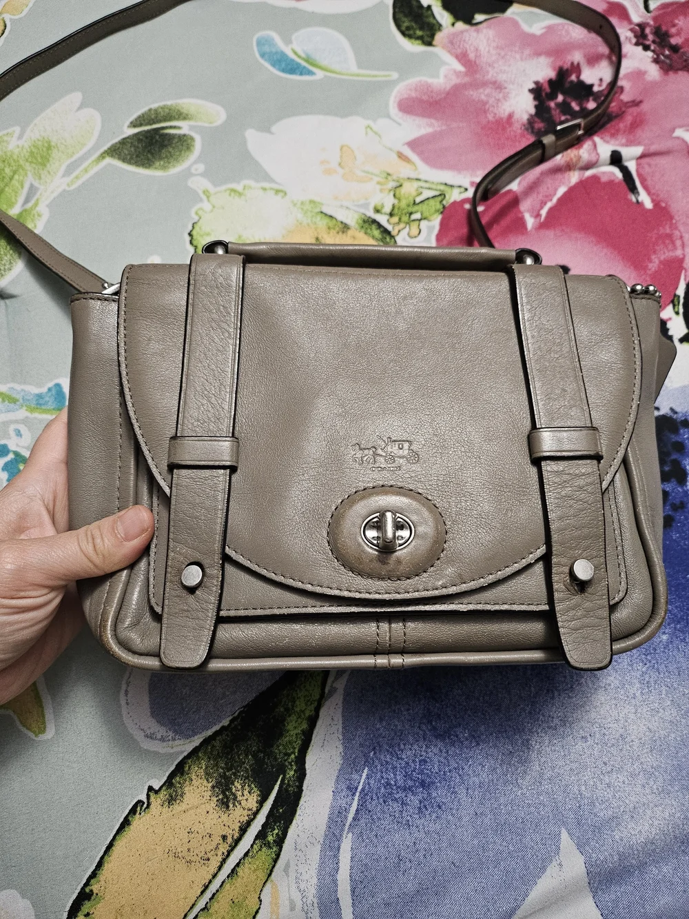 Coach Taupe Gray Leather Turnlock Crossbody Bag